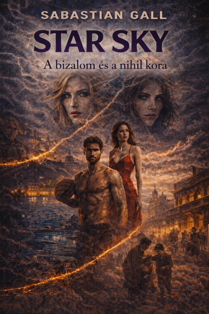 Front cover of Star Sky: A bizalom és a nihil kora by Sabastian Gall, dark psychological thriller book cover featuring Budapest skyline, storm clouds with lightning, two mysterious women’s faces, a muscular water polo player, a woman in a red dress, and a 19th-century street scene, symbolizing obsession, love, mystery, and generational fate