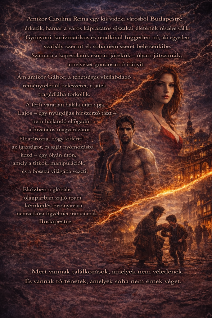 Back cover of Star Sky by Sabastian Gall with Hungarian synopsis text, cinematic thriller design showing Budapest nightlife, a red-dressed woman, a water polo player, an older investigator figure, and a Victorian-era street scene with children, representing suspense, tragedy, espionage, and interconnected stories across generations.