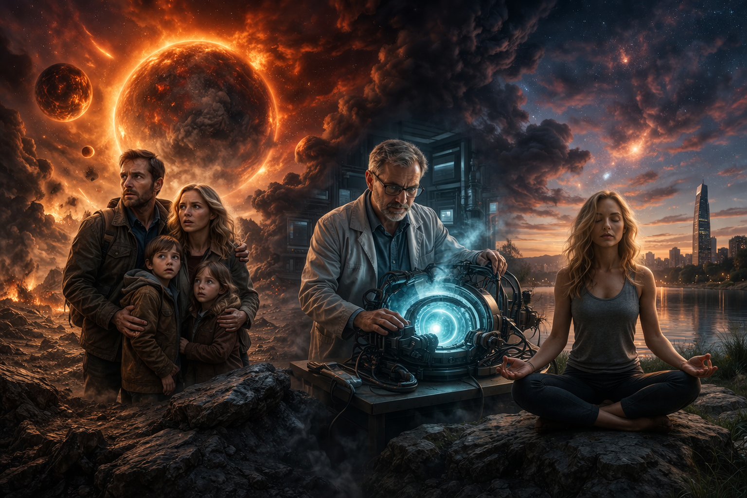 Photorealistic sci-fi multiverse scene showing a family fleeing a collapsing world, a physicist operating a wormhole device, and a woman meditating by a city under a glowing orange cosmic sky