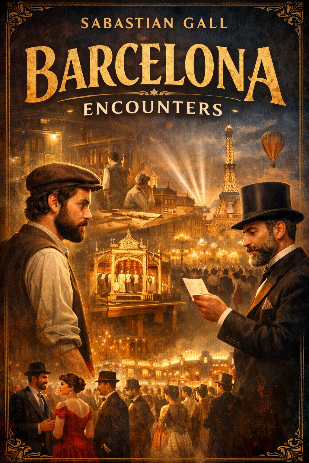 Book cover of “Barcelona: Encounters” by Sabastian Gall featuring Antoni Gaudí and Eusebi Güell at the 1878 Paris World’s Fair with 19th century Barcelona scenes