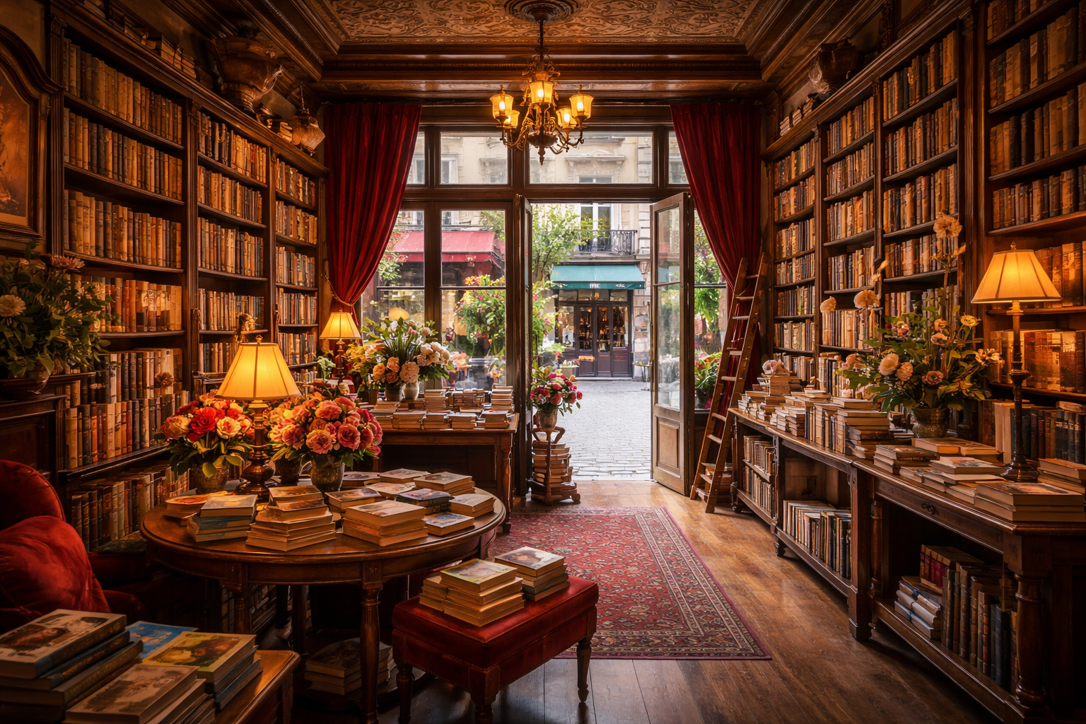 Charming Parisian bookshop interior with wooden shelves full of books, warm lighting, flowers, and open doors to a cobblestone street, capturing the cosy atmosphere of a classic French bookstore