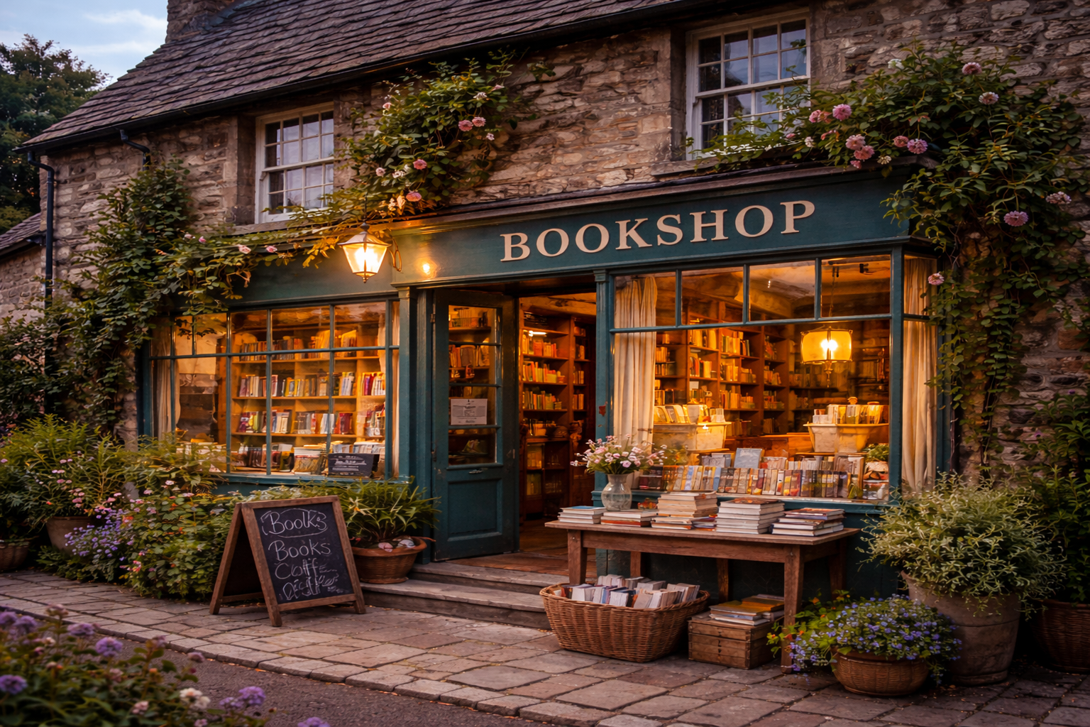 Charming English village bookshop exterior with cozy window displays and books outside a traditional countryside bookstore