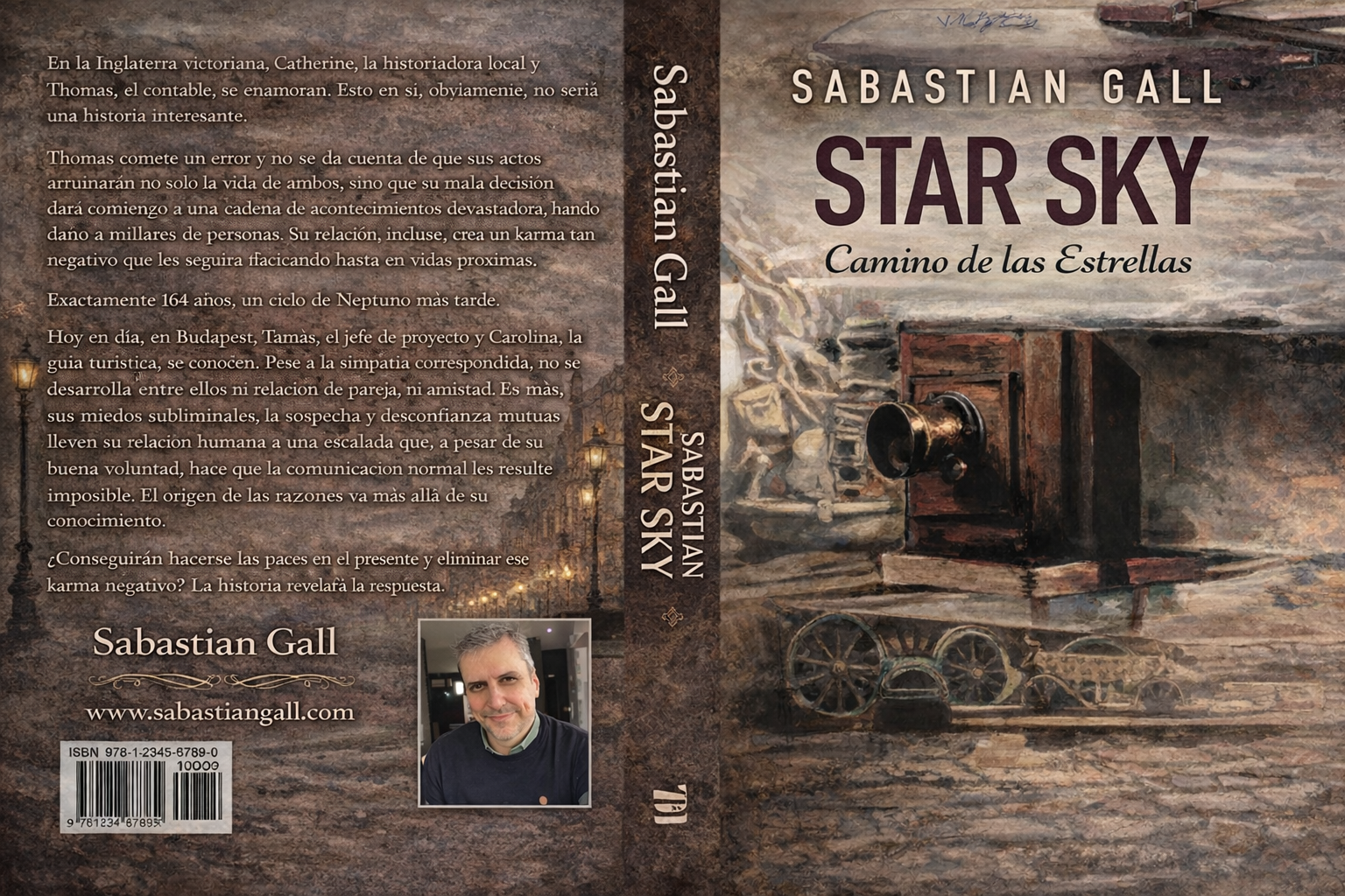Full wrap book cover of Star Sky: Camino de las Estrellas by Sabastian Gall, featuring a vintage Victorian cityscape with an antique camera on the front, a Spanish synopsis and author photo on the back, and a spine displaying only the title “Star Sky” in a classic textured design.