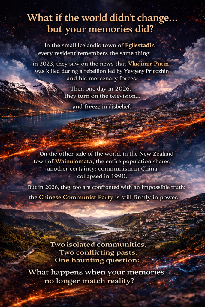 Back cover of a sci-fi thriller book featuring Egilsstaðir, Iceland and Wainuiomata, New Zealand landscapes, with dramatic lightning effects and a synopsis about alternate reality, false memories, and conflicting timelines.