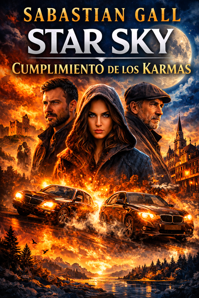 Book cover of Star Sky: Cumplimiento de los karmas by Sabastian Gall featuring three main characters under a moonlit sky, with fiery car chases, castles, and a dramatic cinematic landscape.