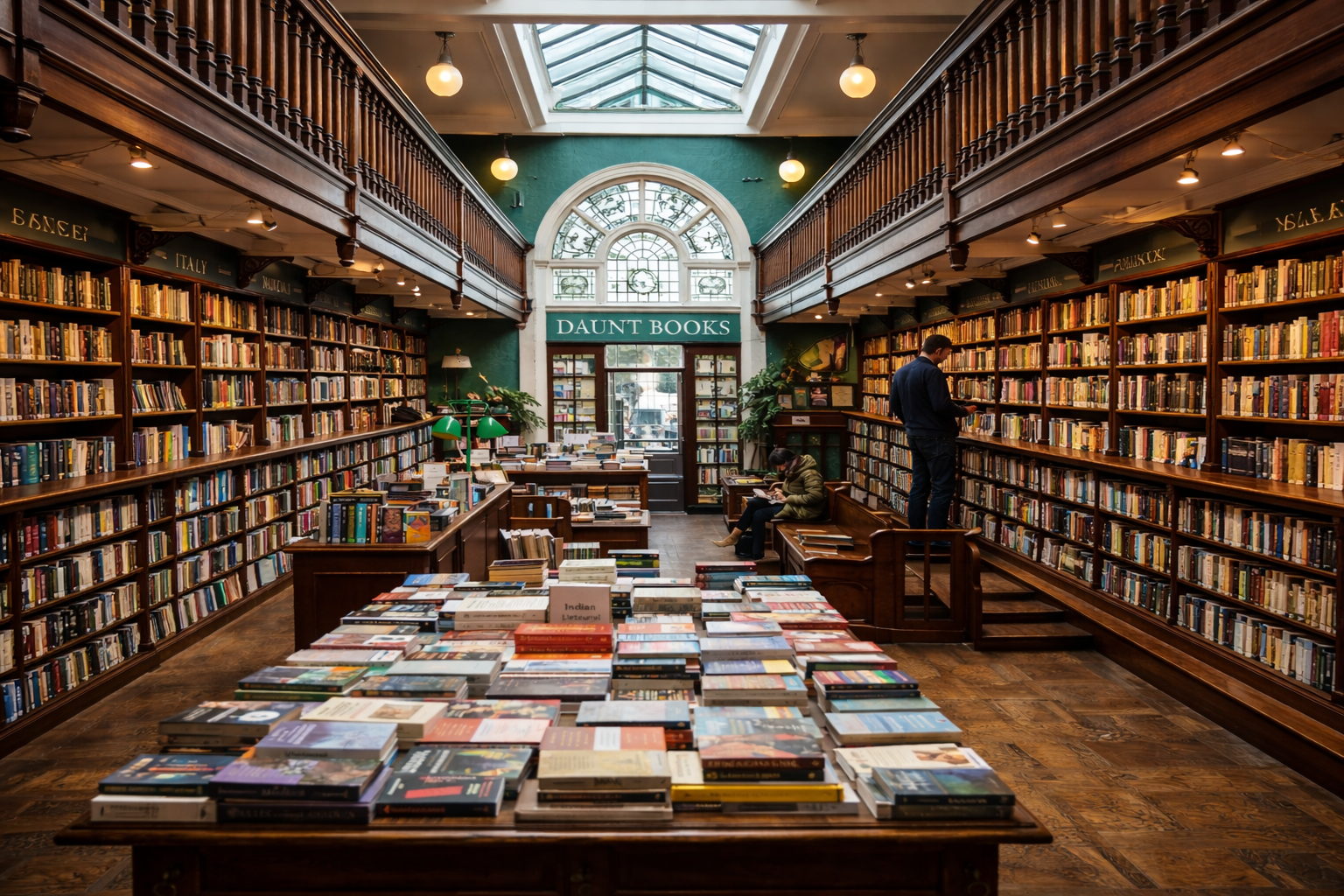 Landscape photo of the interior of Daunt Books in London, featuring two-story wooden galleries, a glass skylight ceiling, long bookshelves filled with books, and a central table stacked with novels under warm lights