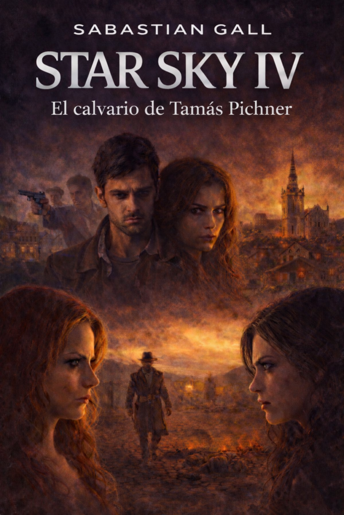 Front cover of the novel Star Sky IV by Sabastian Gall with the Spanish subtitle El calvario de Tamás Pichner. The dark, cinematic illustration shows a young man and woman with tense expressions in the center, while two women face each other in conflict at the bottom. In the background, a historic town with a church tower glows under a fiery sky, and a lone figure walks along a road toward the town, suggesting danger, pursuit, and confrontation.