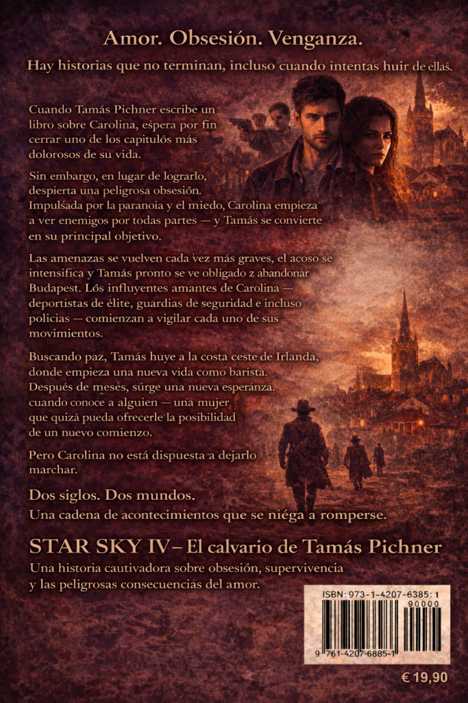 Back cover of the Hungarian novel Star Sky IV – Pichner Tamás vesszőfutása. The design features a dark, cinematic illustration with warm red and orange tones. At the top are two central characters—a serious young man and a woman—standing before a historic town with a church tower. The background blends dramatic clouds and fire-like textures. Below them, a lone figure walks along a road toward the same town, suggesting danger and pursuit. Hungarian synopsis text about obsession, revenge, and survival fills the left side, while a barcode and ISBN appear in the lower right corner.