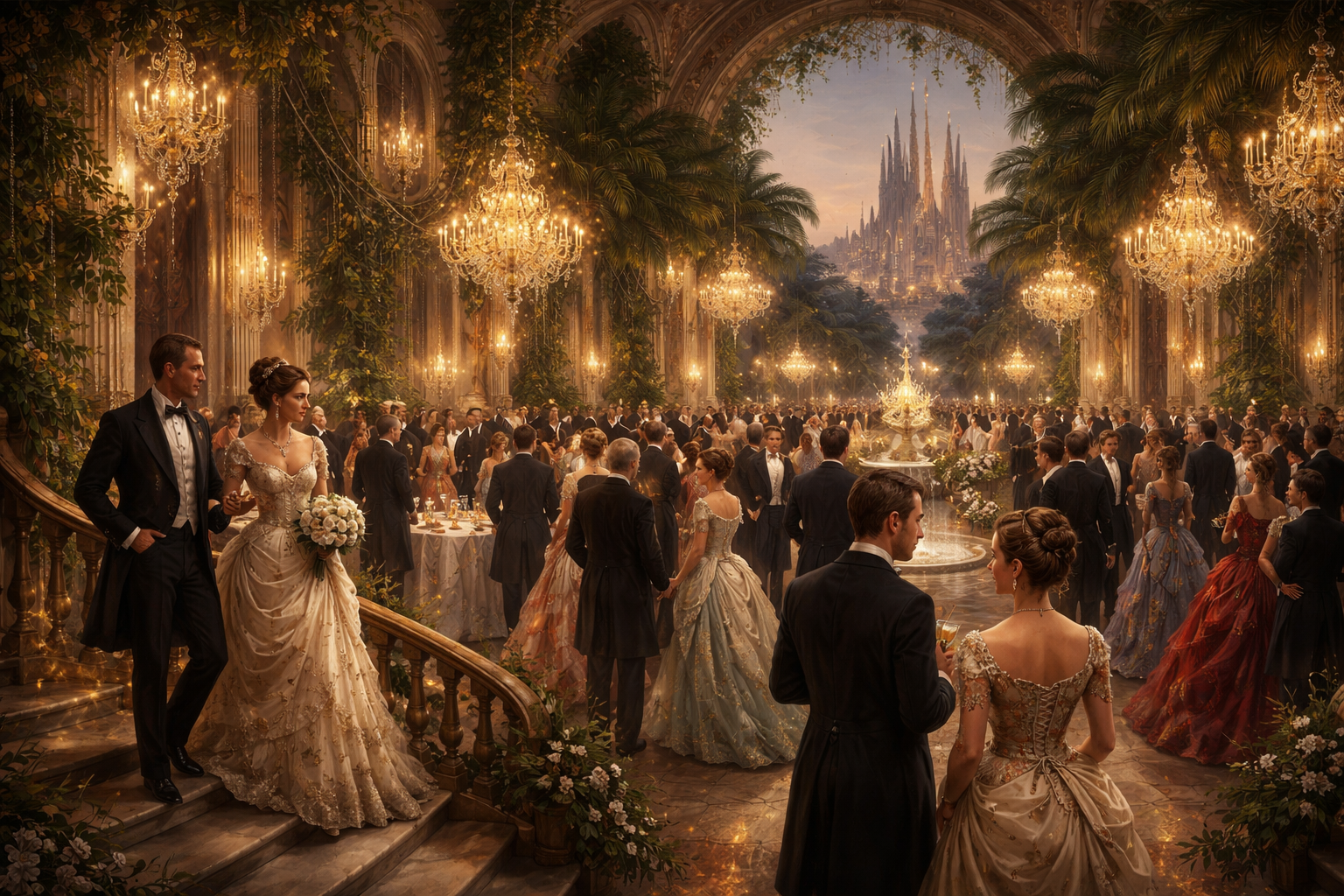 Elegant 19th-century Barcelona ballroom event with well-dressed guests, chandeliers, and couples socializing in a luxurious setting with Sagrada Família visible in the background