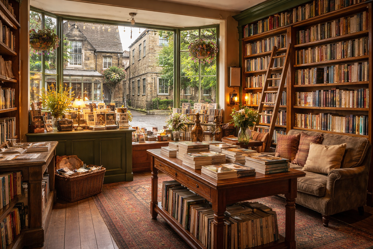 Cozy independent bookstore in a small English town with wooden shelves full of books and warm reading atmosphere
