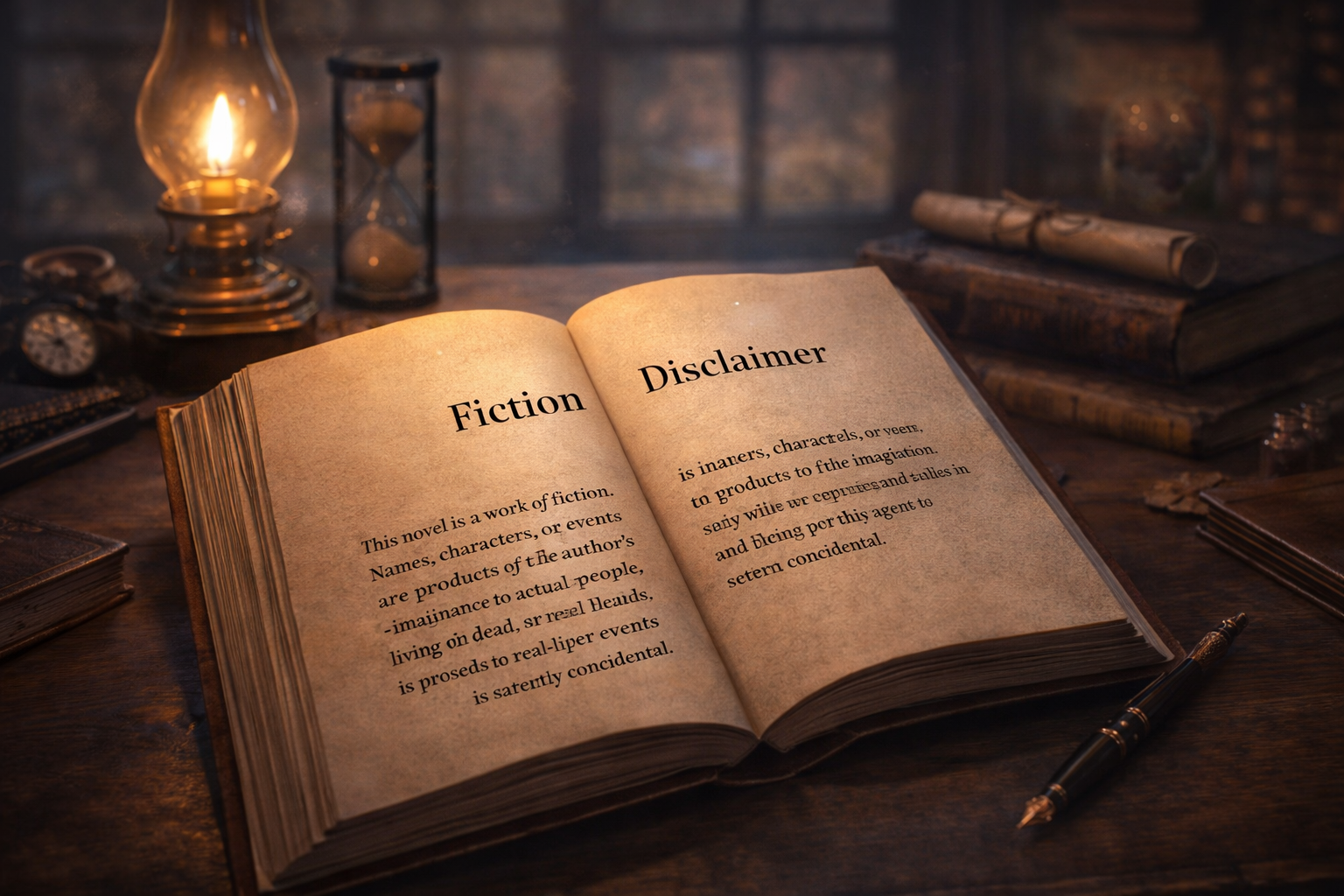 Open vintage book displaying a fiction disclaimer on a wooden desk with an oil lamp, hourglass and fountain pen in a classic writer’s study.
