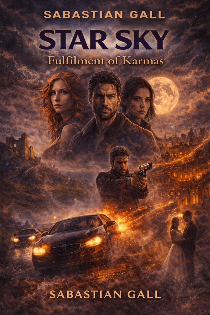 Front cover of Star Sky: Fulfilment of Karmas by Sabastian Gall, cinematic thriller book cover featuring three main characters under a dramatic moonlit sky, a high-speed car chase with glowing headlights, misty Irish landscape with castle ruins, city skyline, and warm golden lighting symbolizing mystery, destiny, action, and karmic resolution.