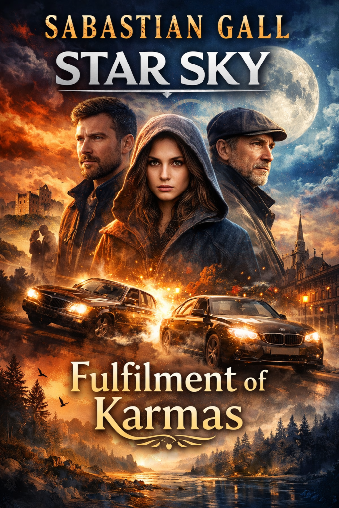 Book cover for Star Sky: Fulfilment of Karmas by Sabastian Gall featuring three central characters under a dramatic moonlit sky, with an intense car chase in the foreground, a misty Irish landscape with castle ruins and a city skyline in the background, and warm cinematic lighting blending mystery, action, and destiny themes.
