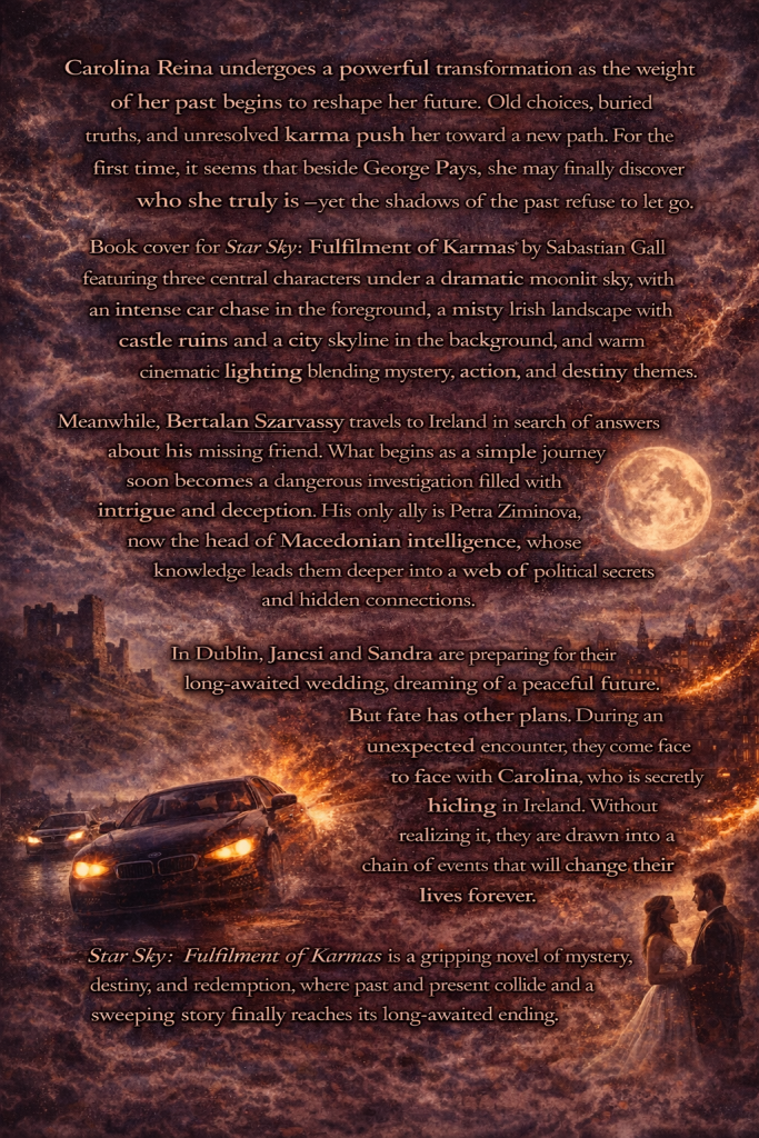 Back cover of Star Sky: Fulfilment of Karmas by Sabastian Gall with synopsis text, showing an intense car chase scene, moonlit Irish countryside with ruins, city skyline, and a romantic couple, representing suspense, mystery, interconnected destinies, political intrigue, and the final resolution of karmic storylines.
