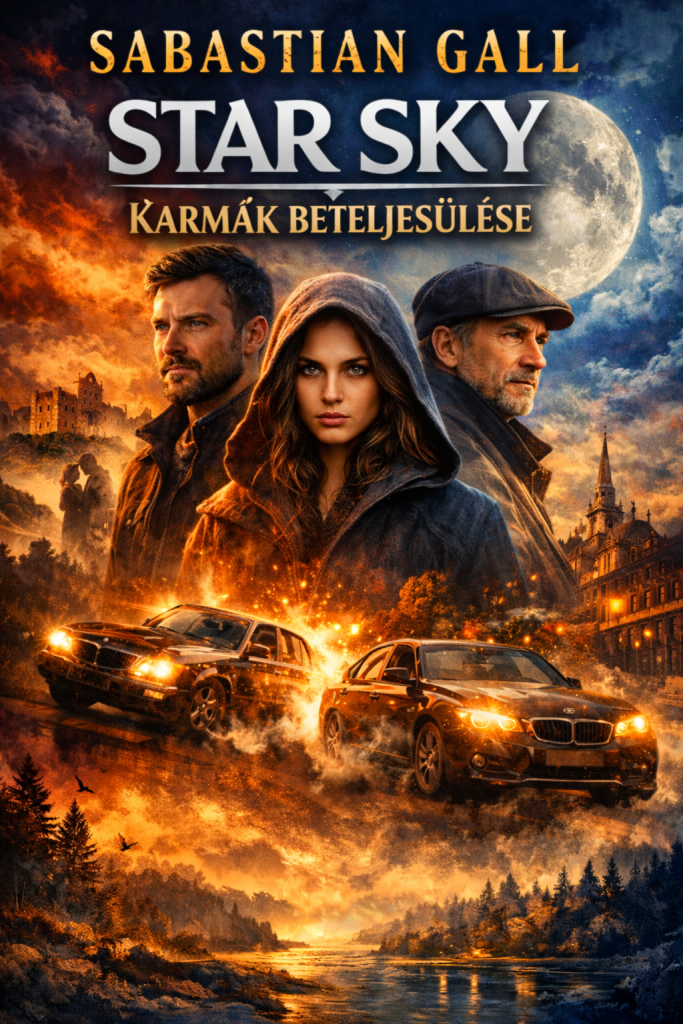 Front cover of the novel Star Sky by Sabastian Gall with the Hungarian subtitle Karmák beteljesülése. The cinematic illustration shows three main characters beneath a dramatic moonlit sky. In the foreground, two cars race through a fiery, action-filled chase scene. In the background appear a castle ruin, a historic European town with a church tower, and a misty landscape with a river and forest, symbolizing mystery, destiny, and conflict.