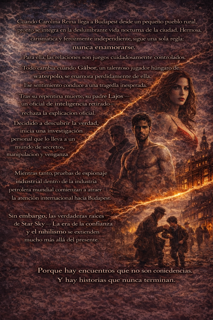 Back cover of Star Sky: La era de la confianza y el nihilismo by Sabastian Gall, cinematic thriller design with Spanish synopsis text, showing Budapest nightlife, a red-dressed woman, a water polo player, an investigator figure, and a Victorian-era street scene, representing suspense, espionage, tragedy, and interconnected stories across time.