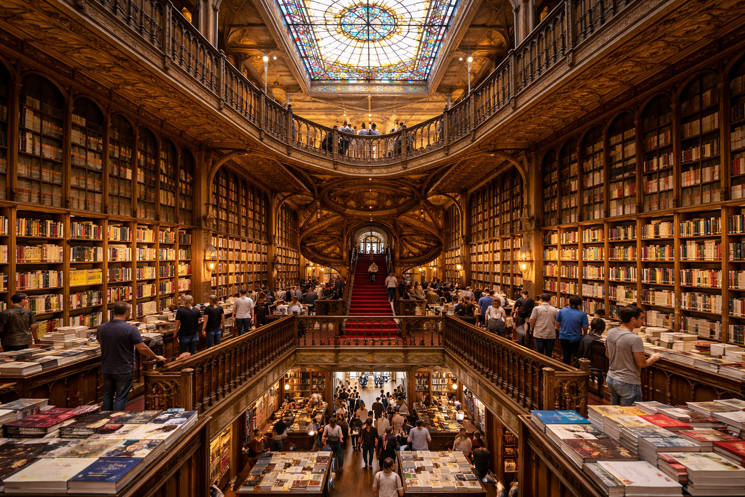 Interior of Livraria Lello bookstore in Porto, Portugal – one of the world’s most famous bookshops with ornate wooden shelves, a red staircase and stained glass ceiling.