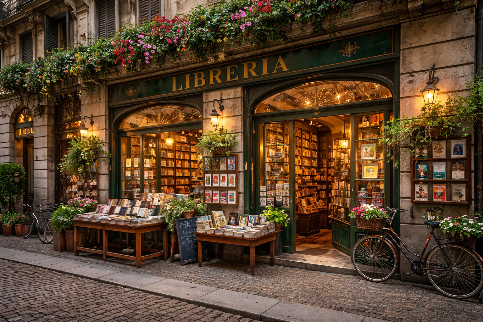 Charming Milan bookshop exterior with “Libreria” sign, outdoor book displays, flowers, and bicycle on a cobblestone street, showcasing a cosy Italian bookstore atmosphere