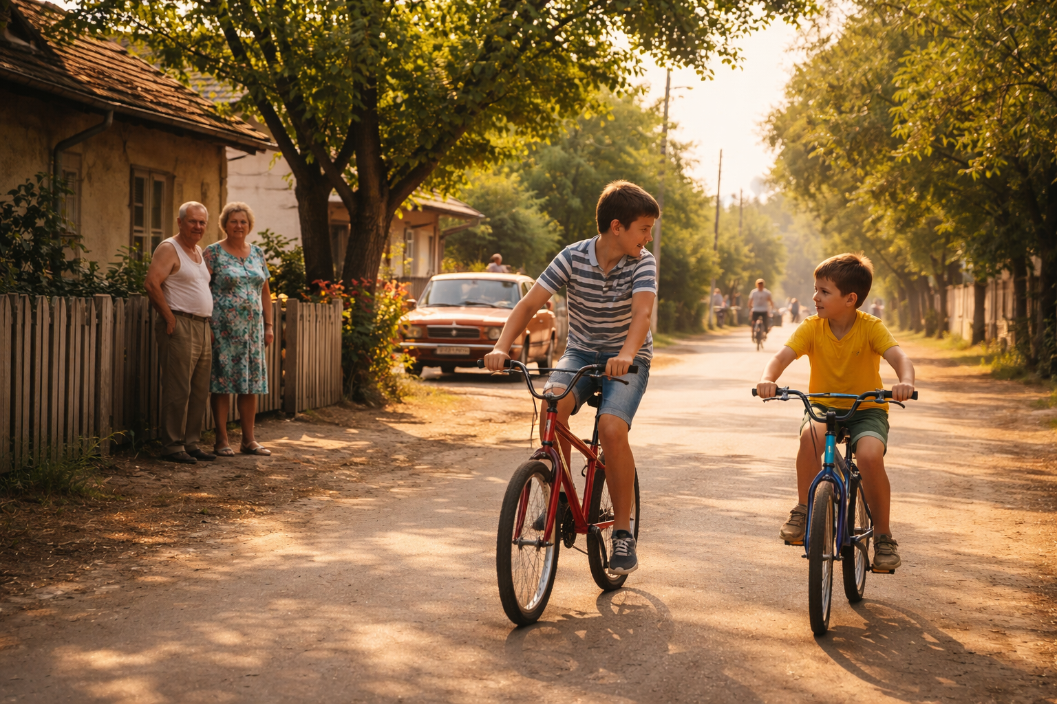Two young brothers riding bicycles on a quiet village street in 1980s Hungary during summer, with grandparents watching nearby and a vintage car parked under leafy trees.