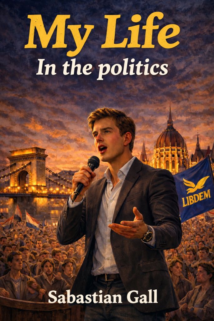 Book cover illustration for My Life – In the Politics by Sabastian Gall featuring a young politician speaking into a microphone before a large crowd in Budapest, with the Chain Bridge and Hungarian Parliament illuminated at sunset.