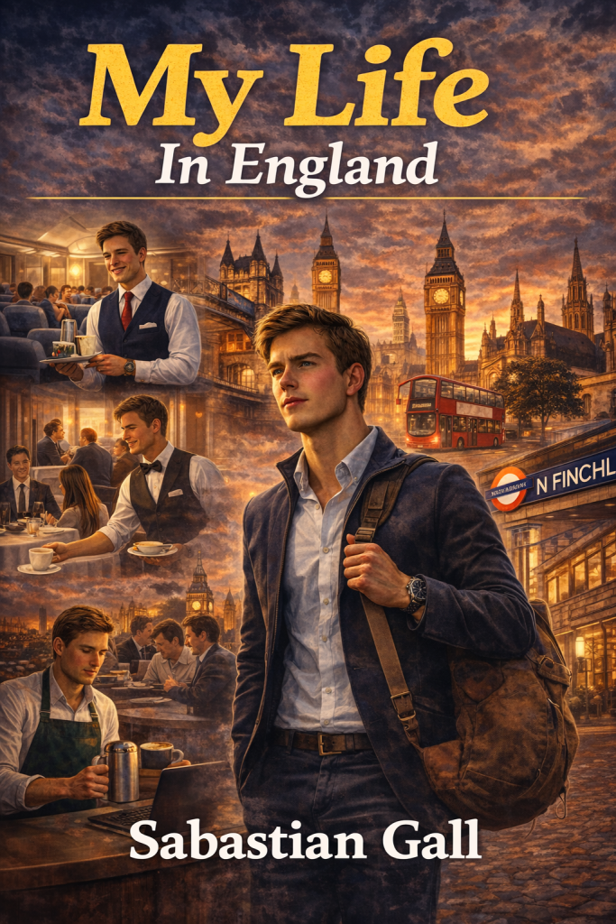 Book cover of My Life: In England by Sabastian Gall featuring a young man in London with iconic landmarks, showcasing his journey through multiple careers including waiter, barista, and project manager in a dramatic sunset cityscape.