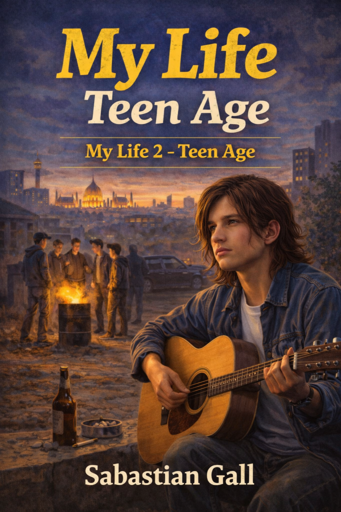 Book cover illustration for My Life – Teen Age (My Life 2 – Teen Age) by Sabastian Gall featuring a teenage boy playing an acoustic guitar at sunset, with friends around a fire, a parked car, and a dramatic city skyline in the background.