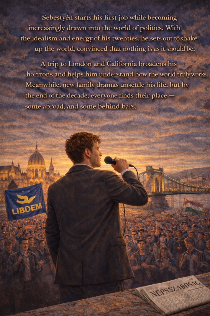 Back cover illustration of My Life 3 In the politics by Sabastian Gall showing Sebestyén in a suit speaking into a microphone at a political rally in Budapest, with the Hungarian Parliament and Liberty Bridge in the background and a large crowd holding a LIBDEM flag at sunset.