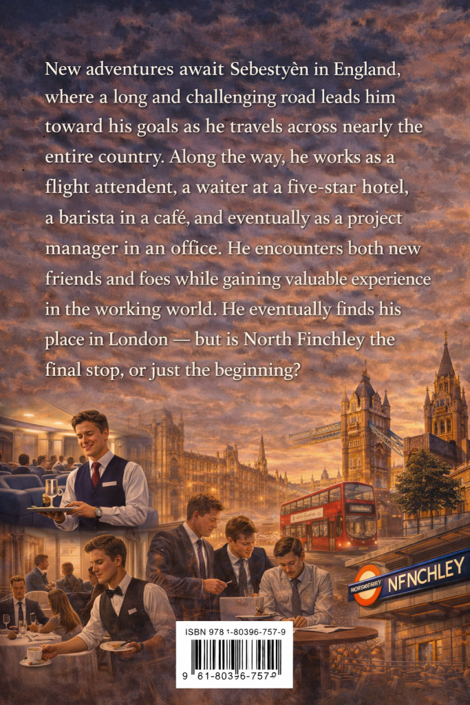 “Back cover of My Life: In England by Sabastian Gall with story synopsis text over a London-themed illustration showing a young man’s career journey across England, including hospitality and office work scenes, without Big Ben.”