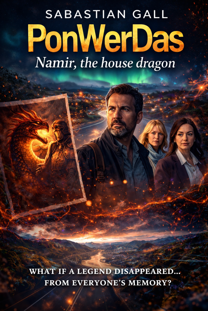 Front cover of PonWerDas: Namír, the House Dragon by Sabastian Gall, featuring a dramatic multiverse scene with three main characters, a glowing road under a night sky, and a fantasy dragon illustration emerging from a poster, symbolizing a disappearing story.