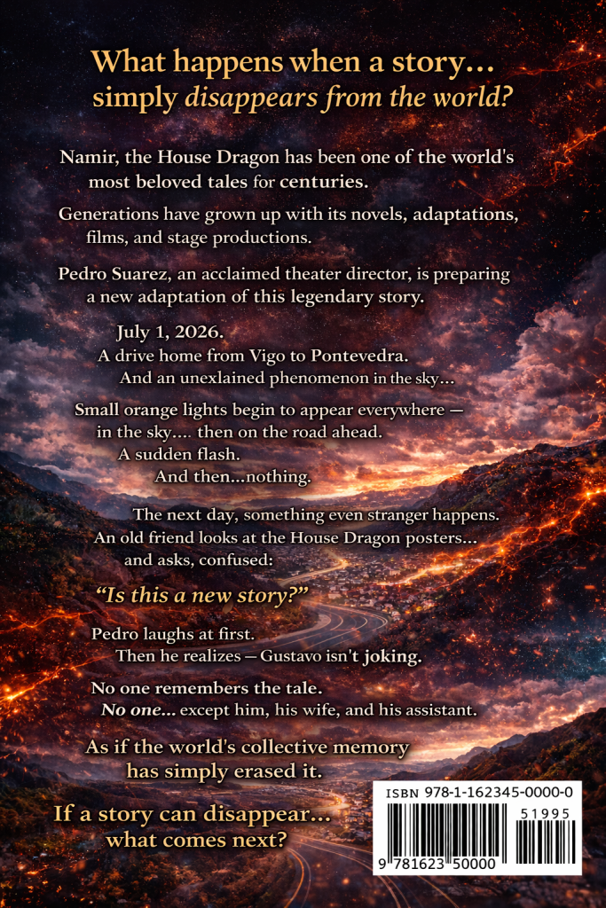Back cover of PonWerDas: Namír, the House Dragon showing a cinematic landscape with a glowing road, stormy sky, and lightning-like energy, overlaid with a mystery thriller synopsis about a legendary story erased from the world’s memory.
