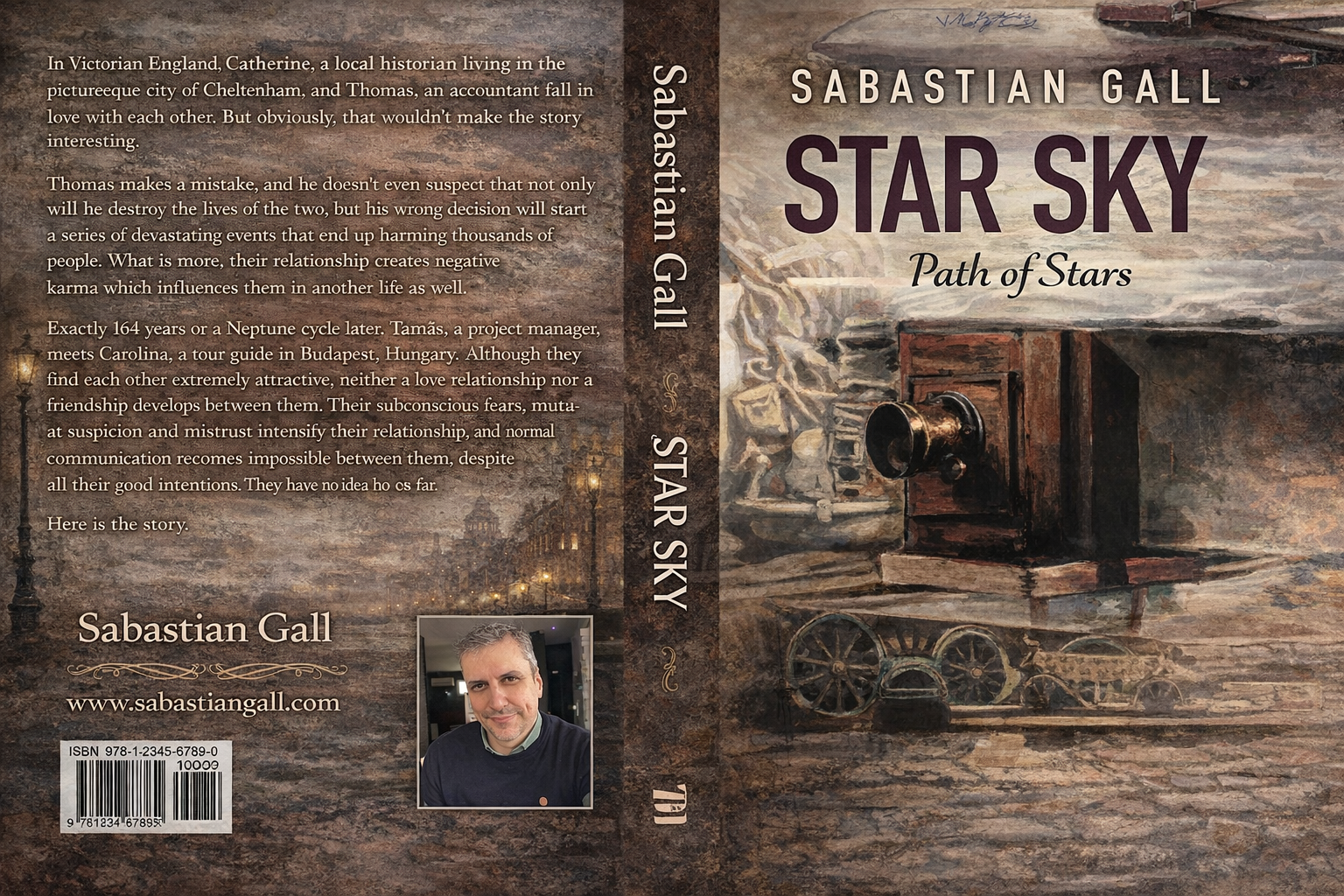 Full wrap book cover of Star Sky: Path of Stars by Sabastian Gall, featuring a vintage Victorian cityscape with warm streetlights, an antique camera illustration on the front, spine with title and author name, and a back cover with synopsis, author photo, website, and ISBN barcode.