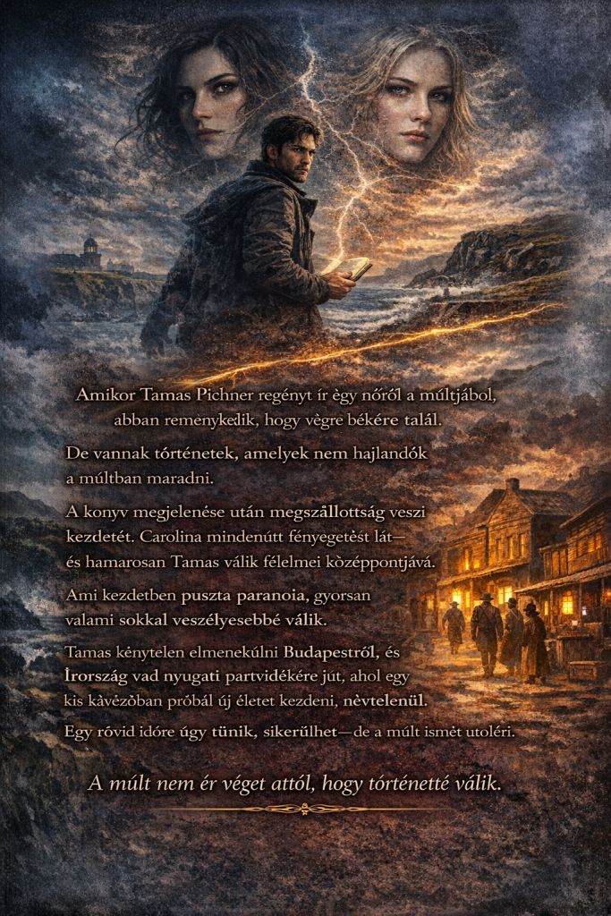 Hungarian book back cover of Star Sky: Pichner Tamás vesszőfutása by Sabastian Gall, featuring a dark psychological thriller scene with a man holding a book on a stormy Irish coastline, two mysterious women’s faces in the sky, lightning, and a 19th-century Wild West town below, with Hungarian synopsis text about obsession, escape, and a past that cannot be left behind.