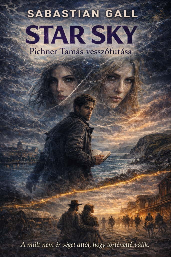 Hungarian book back cover of Star Sky: Pichner Tamás vesszőfutása by Sabastian Gall, featuring a dark psychological thriller scene with a man holding a book on a stormy Irish coastline, two mysterious women’s faces in the sky, lightning, and a 19th-century Wild West town below, with Hungarian synopsis text about obsession, escape, and a past that cannot be left behind.
