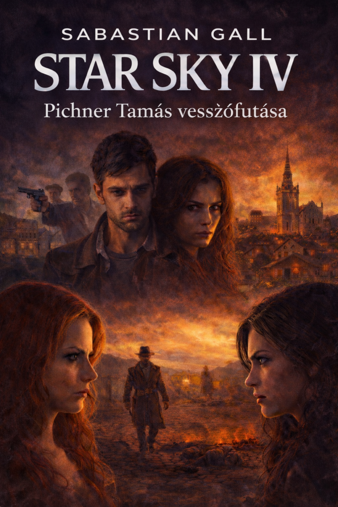 Back cover of the Hungarian edition of Star Sky IV – Pichner Tamás vesszőfutása by Sabastian Gall, featuring a dark cinematic illustration with dramatic lighting, two central characters in conflict, a historic town and church in the background, and Hungarian synopsis text describing a story of obsession, revenge, and intertwined destinies across modern Europe and the 19th-century frontier.