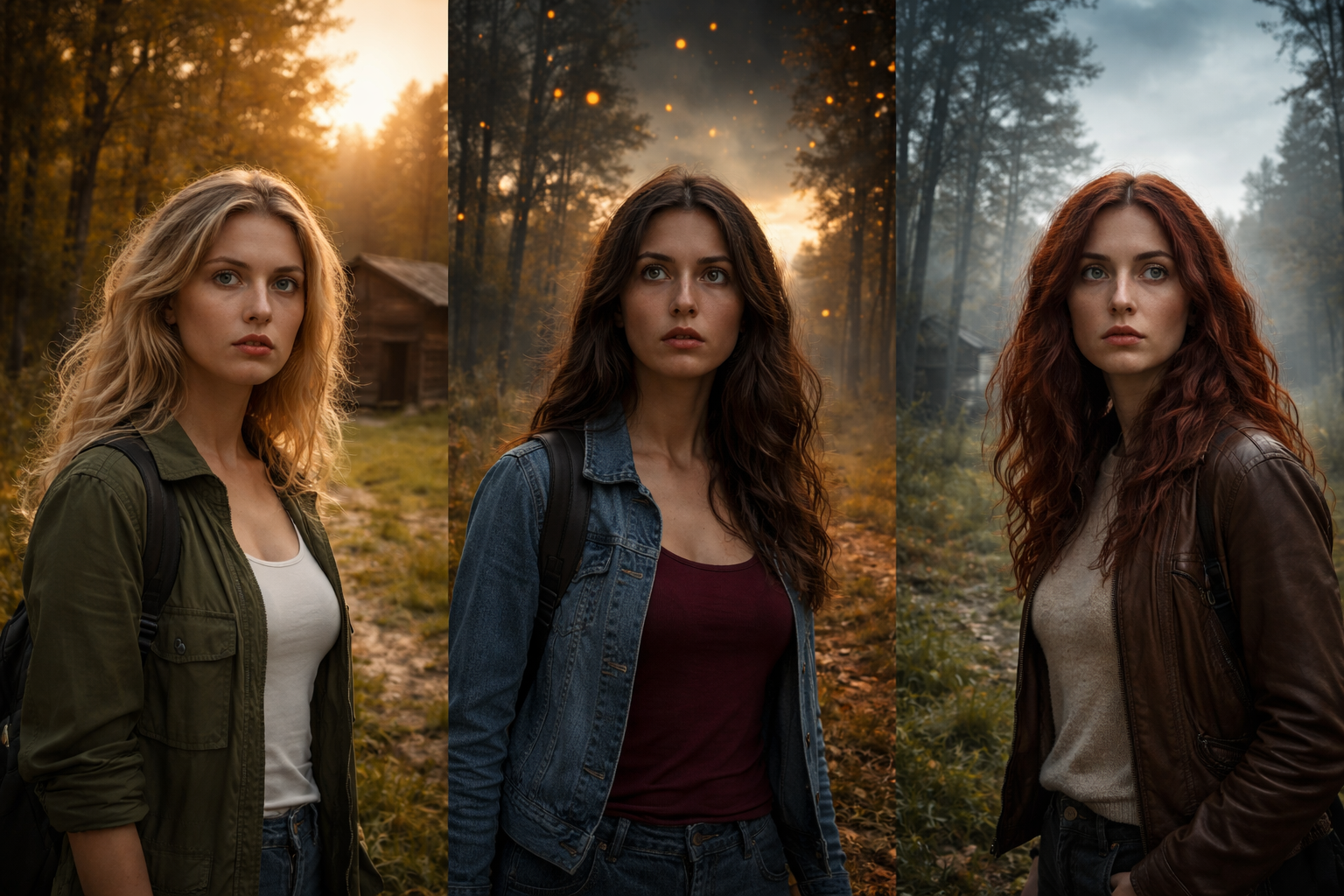 Three women in their 20s with different hair colours standing in the same location across three parallel universes in Uruguay, showing alternate realities with distinct atmospheres