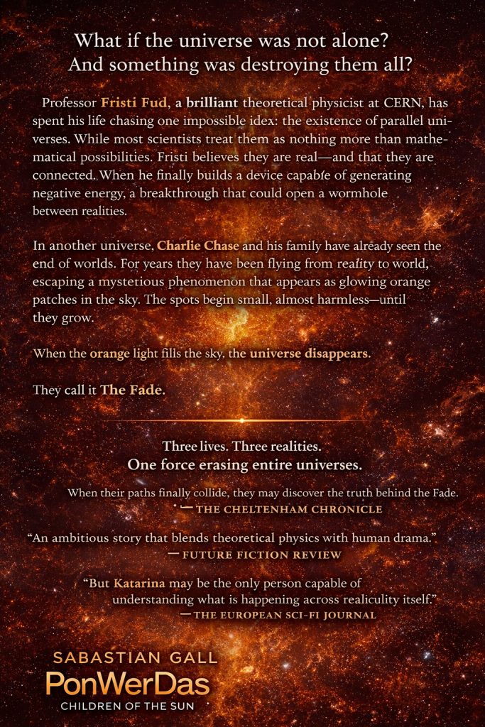Back cover of the sci-fi novel PonWerDas: Children of the Sun by Sabastian Gall with a fiery cosmic nebula background and marketing text describing parallel universes and the mysterious phenomenon called the Fade.