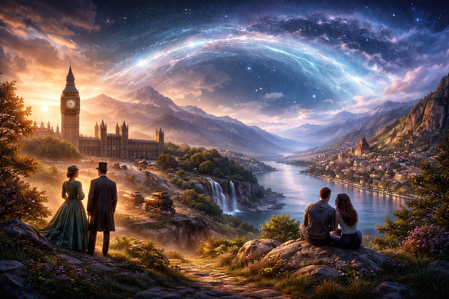 Epic landscape connecting Victorian England and modern Europe under a starry sky symbolizing destiny, karma, and generations