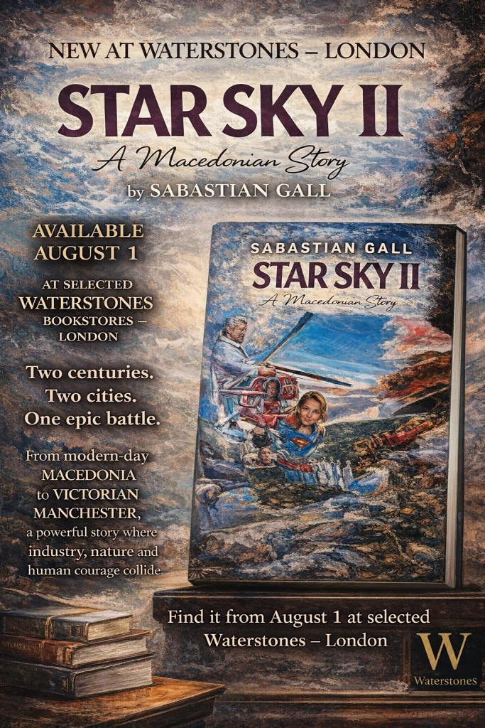 Promotional poster for Star Sky II – A Macedonian Story by Sabastian Gall announcing its release at selected Waterstones bookstores in London on August 1, featuring the book cover artwork and a dramatic landscape scene linking modern Macedonia with Victorian Manchester.