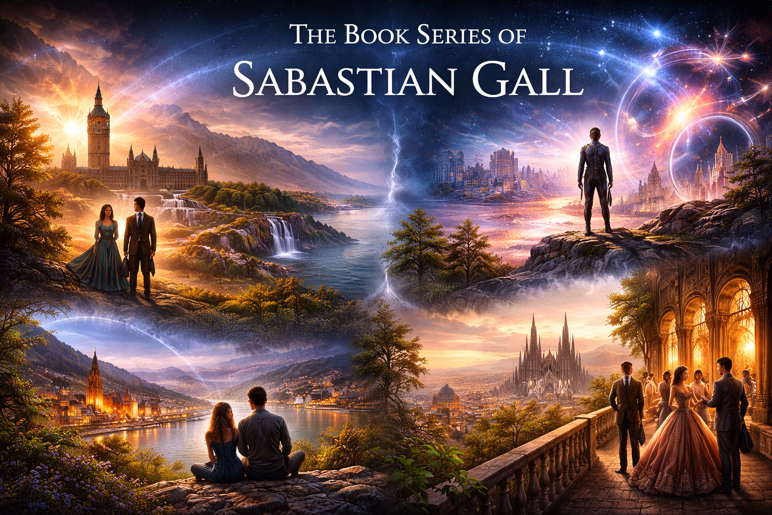Illustration showing worlds from the Sabastian Gall novel series including Victorian England, futuristic city and historical Barcelona