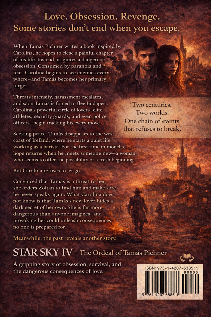 Back cover of Star Sky IV – The Ordeal of Tamás Pichner by Sabastian Gall featuring a dramatic thriller-style design with characters from the story, a burning sky over a historic town, figures in confrontation, and scenes suggesting obsession, revenge, and intertwined destinies across modern Europe and 19th-century California.