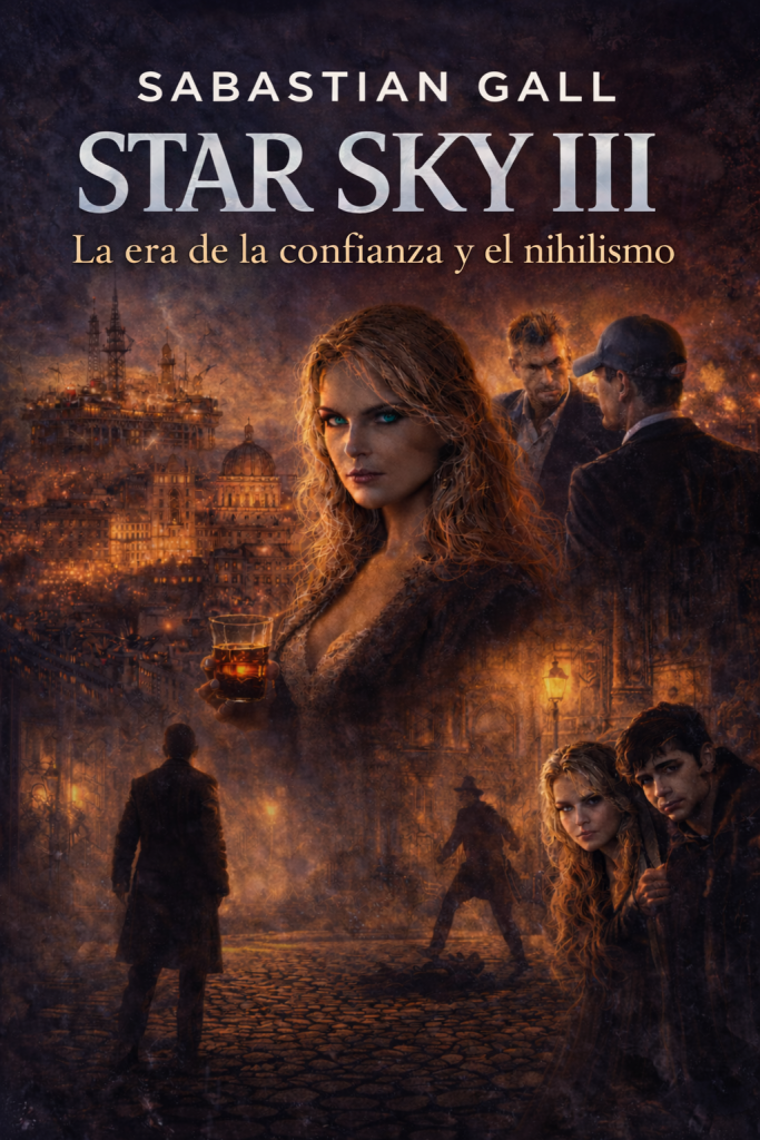 Portada del libro Star Sky III – La era de la confianza y el nihilismo de Sabastian Gall, con una escena nocturna de Budapest, la Basílica de San Esteban y una mujer rubia en primer plano.