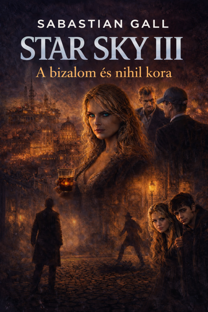 Star Sky III – A bizalom és nihil kora könyvborító Sabastian Gall regényéhez, éjszakai Budapesttel, a Szent István-bazilikával, egy poharat tartó szőke nővel és rejtélyes alakokkal thriller hangulatban.