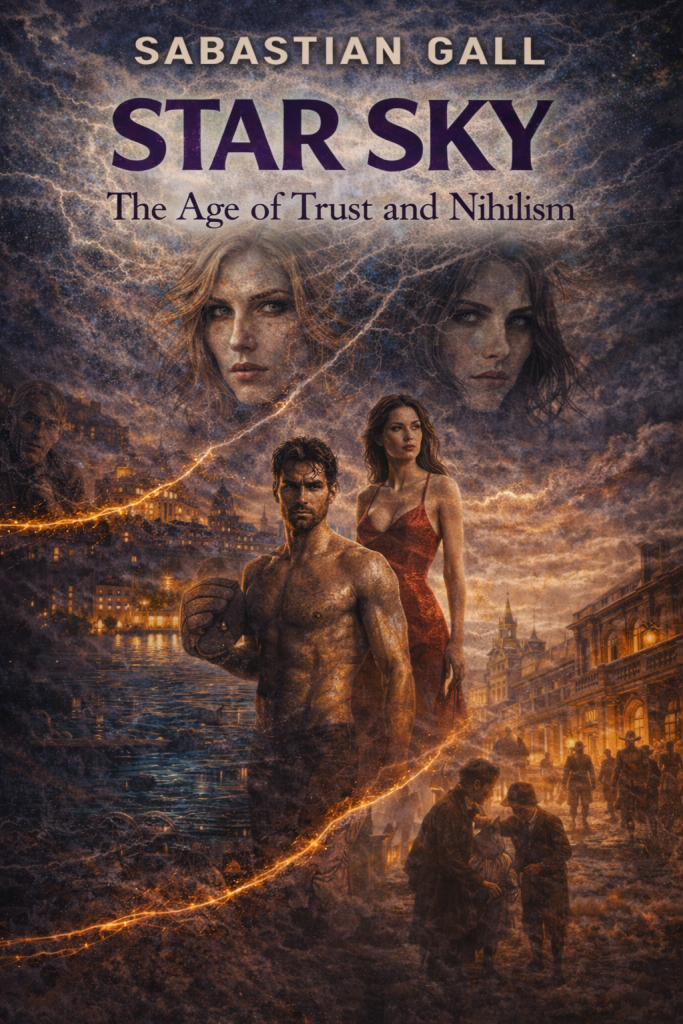 Book cover of Star Sky: The Age of Trust and Nihilism by Sabastian Gall, featuring a dark psychological thriller design with a stormy sky, lightning, two mysterious women’s faces, a man holding a book, a female figure in a red dress, Budapest nightlife, and a 19th-century historical street scene, symbolizing obsession, love, betrayal, and destiny across generations.