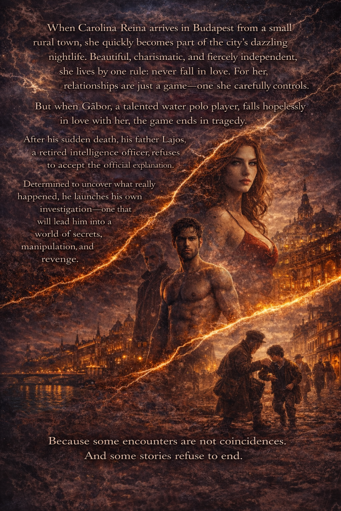 Back cover of Star Sky: The Age of Trust and Nihilism by Sabastian Gall, showing a cinematic thriller scene with Budapest city lights, a woman in a red dress, a water polo player, and a shadowy investigator figure, blended with a 19th-century London street scene and overlayed synopsis text about obsession, mystery, revenge, and interconnected stories across time.