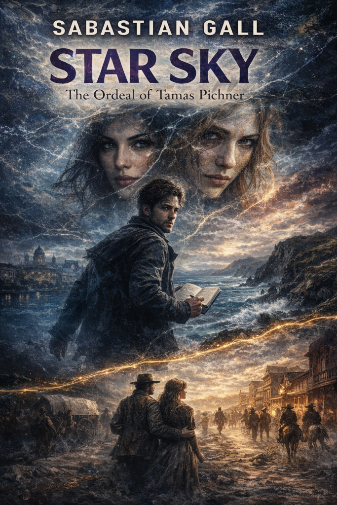 A dark, painterly book back cover illustration showing a stormy sky blending into two large female faces above a rugged Irish coastline. In the center, a man holds an open book while looking back over his shoulder. A glowing, lightning-like line divides the scene, leading into a 19th-century frontier town below with figures walking through a dusty street. Warm golden lights contrast with deep blue storm tones. Overlayed text presents a thriller synopsis about obsession, escape, and a past that refuses to let go, ending with the line: “The past does not end when the story is written