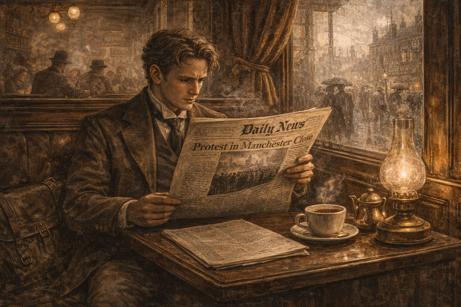 Victorian coffee house near Marylebone Station in 1852 where Thomas reads the Daily News about the Manchester protests.