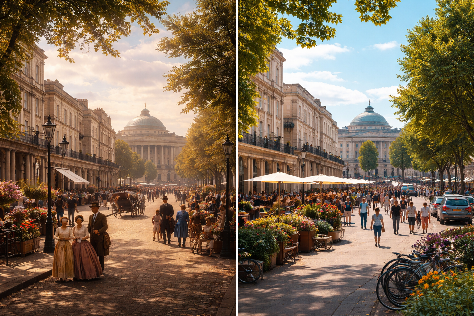 Victorian and modern Cheltenham side by side comparison with historic architecture, horse-drawn carriages, and contemporary street life in England