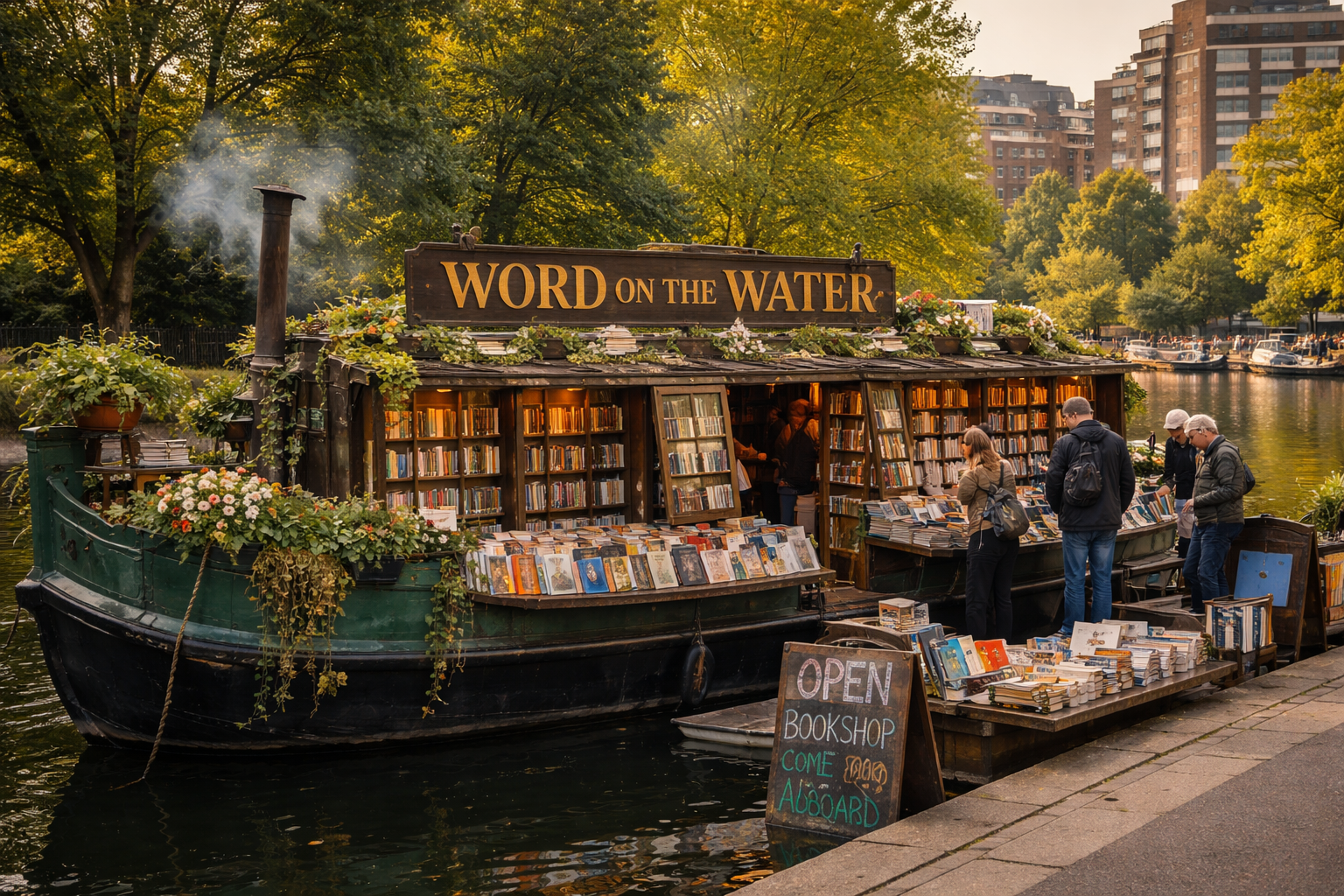 Photorealistic view of Word on the Water, the famous floating bookshop in London, a narrowboat filled with books moored along Regent’s Canal with visitors browsing shelves and outdoor book displays.