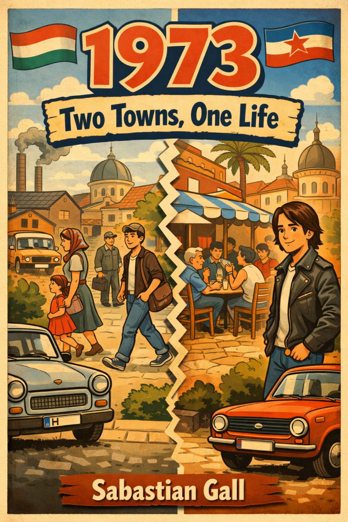 Vintage cartoon book cover depicting 1970s Eastern Europe life in Hungary and Yugoslavia with two contrasting town scenes
