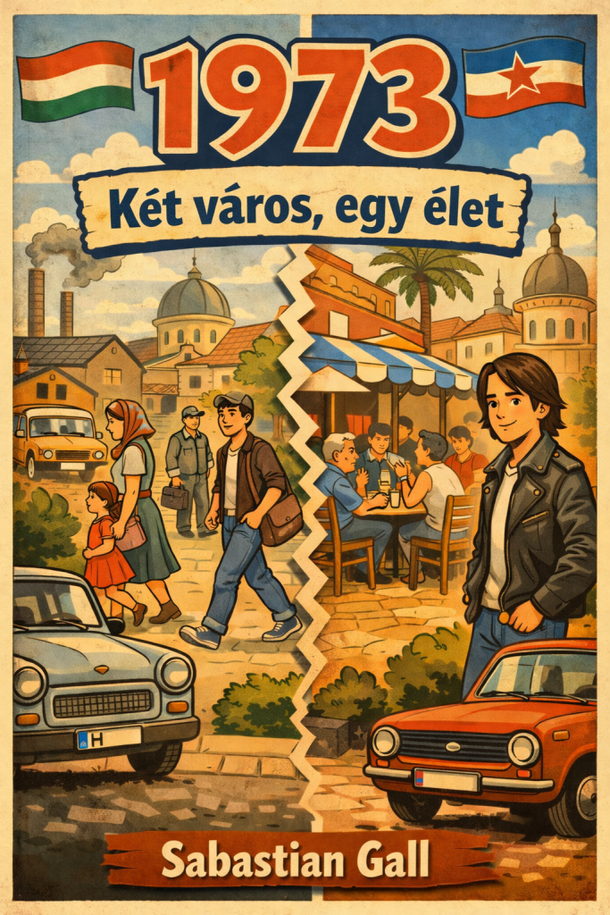 Vintage cartoon cover showing everyday life in socialist Hungary and Yugoslavia with families, cars, and town streets